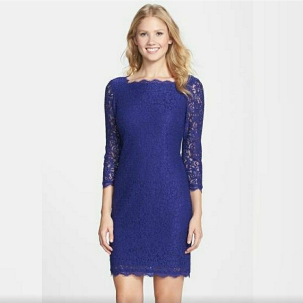 Adrianna Papell purple lace scallop sheath dress 3/4 sleeve zipper back